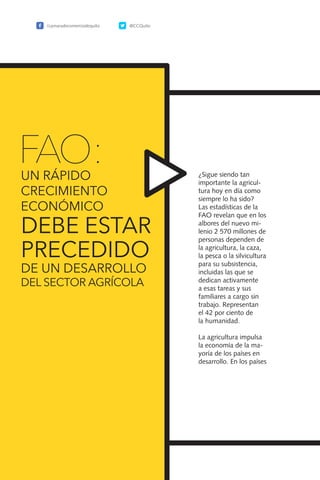 188
¿Sigue siendo tan
importante la agricul-
tura hoy en día como
siempre lo ha sido?
Las estadísticas de la
FAO revelan que en los
albores del nuevo mi-
lenio 2 570 millones de
personas dependen de
la agricultura, la caza,
la pesca o la silvicultura
para su subsistencia,
incluidas las que se
dedican activamente
a esas tareas y sus
familiares a cargo sin
trabajo. Representan
el 42 por ciento de
la humanidad.
La agricultura impulsa
la economía de la ma-
yoría de los países en
desarrollo. En los países
FAO:UN RÁPIDO
CRECIMIENTO
ECONÓMICO
DEBE ESTAR
PRECEDIDO
DE UN DESARROLLO
DEL SECTOR AGRÍCOLA
/camaradecomerciodequito @CCQuito
 