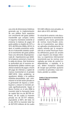 /camaradecomerciodequito @CCQuito
46
una crisis de dimensiones históricas
generada por la implementación
de una política fiscal expansiva
con crecimiento del gasto público
insostenible que conspira contra
el esquema monetario existente al
erosionar la balanza de pagos (el
gasto público se duplicó de 22% a
44% del PIB entre 2006 y 2014). Es
decir, el modelo económico ancla-
do en el desarrollo estatista canali-
zó el crecimiento del gasto público
hacia una demanda desproporcio-
nada de importaciones que debili-
tó la balanza comercial a través de
la salida de divisas. Este fenómeno
se profundizó por el excesivo en-
deudamiento público externo que
afecta la balanza de pagos a través
del pago de intereses y capital de
manera incremental en el periodo
2007-2016. Estos problemas se
agudizaron debido a las políticas
estatistas-desarrollistas que mini-
mizaron el rol del sector privado en
la generación de riqueza y contri-
buyeron a reducir la inversión pri-
vada significativamente. Según el
Banco Central, en el año 2006 la
inversión total (o formación bruta
de capital fijo) era de $9.759 mi-
llones, de los cuales la inversión
privada era de $7.777 millones,
equivalente al 80% del total. En
el año 2014 la inversión total fue
de $27.819 millones de los cuales
$12.465 millones eran privados, es
decir sólo el 45% del total.
En virtud de lo anterior, este docu-
mento argumenta la necesidad de
establecer una nueva generación
de normas macro-fiscales ancla-
das en 6 parámetros, que deben
ser aplicados simultáneamente. Se
estaría velando por la recupera-
ción de un sector fiscal que mues-
tra deficiencias graves de arrastre
y que requiere una terapia inten-
siva. La experiencia internacional
recomienda que las normas sean
vigiladas por entes de control in-
dependientes, a rajatabla. A la
vez, deben incorporar cláusulas
de escape que permitan ajustarse
a eventos no previstos. Caso con-
trario, pierden su validez.
 