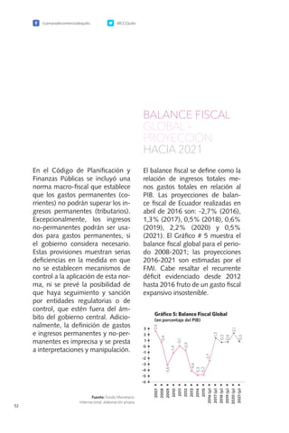 /camaradecomerciodequito @CCQuito
52
En el Código de Planificación y
Finanzas Públicas se incluyó una
norma macro-fiscal que establece
que los gastos permanentes (co-
rrientes) no podrán superar los in-
gresos permanentes (tributarios).
Excepcionalmente, los ingresos
no-permanentes podrán ser usa-
dos para gastos permanentes, si
el gobierno considera necesario.
Estas provisiones muestran serias
deficiencias en la medida en que
no se establecen mecanismos de
control a la aplicación de esta nor-
ma, ni se prevé la posibilidad de
que haya seguimiento y sanción
por entidades regulatorias o de
control, que estén fuera del ám-
bito del gobierno central. Adicio-
nalmente, la definición de gastos
e ingresos permanentes y no-per-
manentes es imprecisa y se presta
a interpretaciones y manipulación.
BALANCE FISCAL
GLOBAL –
PROYECCIÓN
HACIA 2021
El balance fiscal se define como la
relación de ingresos totales me-
nos gastos totales en relación al
PIB. Las proyecciones de balan-
ce fiscal de Ecuador realizadas en
abril de 2016 son: -2,7% (2016),
1,3% (2017), 0,5% (2018), 0,6%
(2019), 2,2% (2020) y 0,5%
(2021). El Gráfico # 5 muestra el
balance fiscal global para el perio-
do 2008-2021; las proyecciones
2016-2021 son estimadas por el
FMI. Cabe resaltar el recurrente
déficit evidenciado desde 2012
hasta 2016 fruto de un gasto fiscal
expansivo insostenible.
 