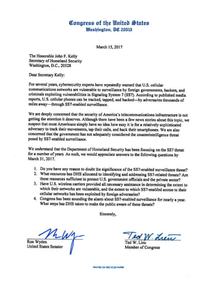 Congressional letter to FCC about SS7 cell tower vulnerability