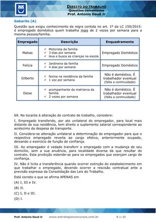 Prof. Antonio Daud Jr www.estrategiaconcursos.com.br 9 de 23
DIREITO DO TRABALHO
Questões comentadas
Prof. Antonio Daud Jr
Gabarito (A)
Questão que exigiu conhecimento da regra contida no art. 1º da LC 150/2015:
é empregado doméstico quem trabalha mais de 2 vezes por semana para a
mesma pessoa/família.
Empregado Descrição Enquadramento
Matias
 Motorista da família
 3 dias por semana
 leva e busca as crianças na escola
Empregado Doméstico
Felícia
 Jardineira da família
 4 dias por semana
Empregado Doméstico
Gilberto
 faxina na residência da família
 1 vez por semana
Não é doméstico. É
trabalhador eventual
(falta a continuidade)
Deise
 acompanhante da matriarca da
família
 2 vezes por semana
Não é doméstico. É
trabalhador eventual
(falta a continuidade)
69. No tocante à alteração do contrato de trabalho, considere:
I. Empregado transferido, por ato unilateral do empregador, para local mais
distante de sua residência, tem direito a suplemento salarial correspondente ao
acréscimo da despesa de transporte.
II. Considera-se alteração unilateral a determinação do empregador para que o
respectivo empregado reverta ao cargo efetivo, anteriormente ocupado,
deixando o exercício de função de confiança.
III. Ao empregador é vedado transferir o empregado com a mudança de seu
domicílio, sem a sua anuência, para localidade diversa da que resultar do
contrato. Esta proibição estende-se para os empregados que exerçam cargo de
confiança.
IV. Não é licita a transferência quando ocorrer extinção do estabelecimento em
que trabalhar o empregado, devendo ocorrer a rescisão contratual ante a
previsão expressa da Consolidação das Leis do Trabalho.
Está correto o que se afirma APENAS em
(A) I, III e IV.
(B) II.
(C) I, II e III.
(D) I.
 