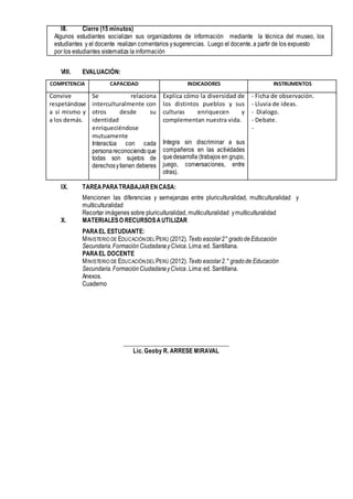 III. Cierre (15 minutos)
Algunos estudiantes socializan sus organizadores de información mediante la técnica del museo, los
estudiantes y el docente realizan comentarios ysugerencias. Luego el docente, a partir de los expuesto
por los estudiantes sistematiza la información
VIII. EVALUACIÓN:
COMPETENCIA CAPACIDAD INDICADORES INSTRUMENTOS
Convive
respetándose
a sí mismo y
a los demás.
Se relaciona
interculturalmente con
otros desde su
identidad
enriqueciéndose
mutuamente
Interactúa con cada
personareconociendoque
todas son sujetos de
derechosytienen deberes
Explica cómo la diversidad de
los distintos pueblos y sus
culturas enriquecen y
complementan nuestra vida.
Integra sin discriminar a sus
compañeros en las actividades
quedesarrolla (trabajos en grupo,
juego, conversaciones, entre
otras).
- Ficha de observación.
- Lluvia de ideas.
- Dialogo.
- Debate.
-
IX. TAREAPARATRABAJARENCASA:
Mencionen las diferencias y semejanzas entre pluriculturalidad, multiculturalidad y
multiculturalidad
Recortar imágenes sobre pluriculturalidad, multiculturalidad ymulticulturalidad
X. MATERIALESO RECURSOSAUTILIZAR
PARAEL ESTUDIANTE:
MINISTERIO DE EDUCACIÓN DELPERÚ (2012).Texto escolar2° gradodeEducación
Secundaria.Formación CiudadanayCívica. Lima:ed. Santillana.
PARAEL DOCENTE
MINISTERIO DE EDUCACIÓN DELPERÚ (2012).Texto escolar2.° gradode Educación
Secundaria.FormaciónCiudadanayCívica. Lima:ed. Santillana.
Anexos.
Cuaderno
__________________________________
Lic. Geoby R. ARRESE MIRAVAL
 