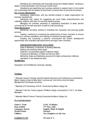 Identifying and networking with financially strong and reliable dealers, resulting in
deeper market penetration and improved market share.
Developing and appointing new business partners to expand reach in the market
and coordinating with the dealers & franchisee’s to assist them to promote the product.
Key Account Management
Developing relationships with key decision-makers in target organizations for
business development.
Interfacing with clients for suggesting the most viable product/services and
cultivating relations with them for securing repeat business.
Managing the activities pertaining to negotiating/ finalization of deals (techno
commercial) for smooth execution of sales & order processing.
Team Management
Monitoring, recruiting, training & motivating the manpower and ensuring quality
services.
Leading, mentoring & monitoring the performance of team members to ensure
efficiency in process operations and meeting of individual & group targets.
Creating and sustaining a dynamic environment that fosters development
opportunities and motivates high performance amongst Team members.
JOB RESPONSIBILITIES INCLUDED:
Sales & Marketing of Hardware & Building Materials
Setting and achieving Sales target.
Collection of outstanding against collection target
Training and Motivation of Sales and Service Staff
Monitoring Sales and Marketing personnel for better achievement, effective
operations in the Dealership Area.
Qualification
Graduation from Rohilkhand University, Bareilly.
Trainings
* Attended several Trainings and Educational Seminars and Conferences conducted by
Maruti Udyog Limited at New Delhi, Lucknow etc. from time to time for better
Management techniques/ practices.
* Attended S.P.I.N.training of N.I.S. Conducted by Maruti Udyog Ltd.
* Attended Train the Trainer program Of Maruti Udyog conducted by T.A.C.T. for Sales
Managers.
* Attended Maruti Finance Training Conducted by Maruti Udyog Ltd.
Personal Information
Father’s Name Lt.Sh. J.S.Khalsa
Date of Birth 17th May, 1969.
Languages Known English, Hindi & Punjabi.
Marital Status Married
Children Two Daughters & One Son
CURRENT CTC 24 Lacks P A
 