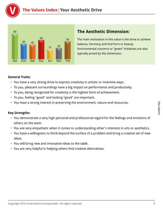 The Values Index Your Aesthetic Drive
DeaAdams
Copyright 2016 Innermetrix Incorporated • All rights reserved 7
AES
80
ECO
49
IND
46
POL
60
ALT
31
REG
35
THE
56
The Aesthetic Dimension:
The main motivation in this value is the drive to achieve
balance, harmony and find form or beauty.
Environmental concerns or “green” initiatives are also
typically prized by this dimension.
General Traits:
• You have a very strong drive to express creativity in artistic or inventive ways.
• To you, pleasant surroundings have a big impact on performance and productivity.
• To you, being recognized for creativity is the highest form of achievement.
• To you, feeling "good" and looking "good" are important.
• You have a strong interest in preserving the environment, nature and resources.
Key Strengths:
• You demonstrate a very high personal and professional regard for the feelings and emotions of
others on the team.
• You are very empathetic when it comes to understanding other's interests in arts or aesthetics.
• You have a willingness to think beyond the surface of a problem and bring a creative set of new
ideas.
• You will bring new and innovative ideas to the table.
• You are very helpful in helping others find creative alternatives.
 