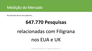 Medição do Mercado
No intervalo de um ano existiram....
647.770 Pesquisas
relacionadas com Filigrana
nos EUA e UK
http://helderricardopinto.com | info@helderricardopinto.com 17
 