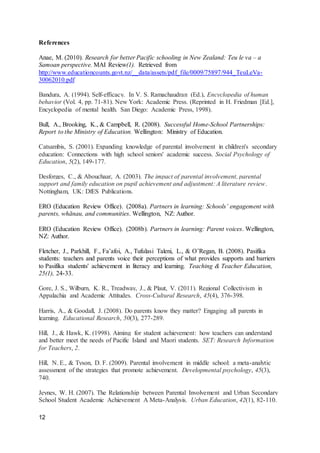 12
References
Anae, M. (2010). Research for better Pacific schooling in New Zealand: Teu le va – a
Samoan perspective. MAI Review(1). Retrieved from
http://www.educationcounts.govt.nz/__data/assets/pdf_file/0009/75897/944_TeuLeVa-
30062010.pdf
Bandura, A. (1994). Self-efficacy. In V. S. Ramachaudran (Ed.), Encyclopedia of human
behavior (Vol. 4, pp. 71-81). New York: Academic Press. (Reprinted in H. Friedman [Ed.],
Encyclopedia of mental health. San Diego: Academic Press, 1998).
Bull, A., Brooking, K., & Campbell, R. (2008). Successful Home-School Partnerships:
Report to the Ministry of Education. Wellington: Ministry of Education.
Catsambis, S. (2001). Expanding knowledge of parental involvement in children's secondary
education: Connections with high school seniors' academic success. Social Psychology of
Education, 5(2), 149-177.
Desforges, C., & Abouchaar, A. (2003). The impact of parental involvement, parental
support and family education on pupil achievement and adjustment: A literature review.
Nottingham, UK: DfES Publications.
ERO (Education Review Office). (2008a). Partners in learning: Schools’ engagement with
parents, whānau, and communities. Wellington, NZ: Author.
ERO (Education Review Office). (2008b). Partners in learning: Parent voices. Wellington,
NZ: Author.
Fletcher, J., Parkhill, F., Fa’afoi, A., Tufulasi Taleni, L., & O’Regan, B. (2008). Pasifika
students: teachers and parents voice their perceptions of what provides supports and barriers
to Pasifika students' achievement in literacy and learning. Teaching & Teacher Education,
25(1), 24-33.
Gore, J. S., Wilburn, K. R., Treadway, J., & Plaut, V. (2011). Regional Collectivism in
Appalachia and Academic Attitudes. Cross-Cultural Research, 45(4), 376-398.
Harris, A., & Goodall, J. (2008). Do parents know they matter? Engaging all parents in
learning. Educational Research, 50(3), 277-289.
Hill, J., & Hawk, K. (1998). Aiming for student achievement: how teachers can understand
and better meet the needs of Pacific Island and Maori students. SET: Research Information
for Teachers, 2.
Hill, N. E., & Tyson, D. F. (2009). Parental involvement in middle school: a meta-analytic
assessment of the strategies that promote achievement. Developmental psychology, 45(3),
740.
Jeynes, W. H. (2007). The Relationship between Parental Involvement and Urban Secondary
School Student Academic Achievement A Meta-Analysis. Urban Education, 42(1), 82-110.
 