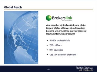 Global Reach 5,800+ professionals 260+ offices 97+ countries US$10+ billion of premium As a member of BrokersLink, one of the largest global alliances of independent brokers, we are able to provide industry-leading international service 
