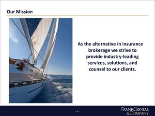Our Mission As the alternative in insurance brokerage we strive to provide industry-leading services, solutions, and counsel to our clients. 