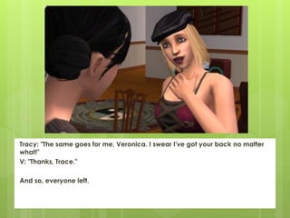 Tracy: "The same goes for me, Veronica. I swear I've got your back no matter
what!"
V: "Thanks, Trace."

And so, everyone left.
 