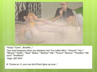 *Gasp* "Can't... Breathe..."
"See what happens when you disobey me? You suffer! Why-" *Smack* "You-"
*Whack* "Gotta-" *Slap* "Make-" *Bashes* "Me-" *Punch* "Wanna-" *Throttles* "Kill
you?" *Smothers*
"Argh, GET OFF!"
R: "Come on, V, you can do it! Don't give up now..."
 