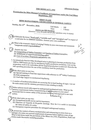 First class mine manager exam (UR)  legislation question papers 2002-10