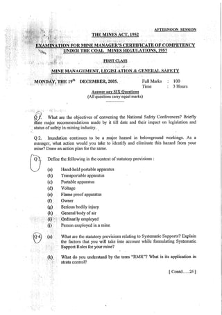 First class mine manager exam (UR)  legislation question papers 2002-10
