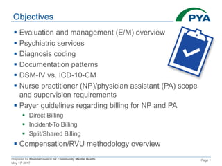 Prepared for Florida Council for Community Mental Health
May 17, 2017
Page 1
Objectives
 Evaluation and management (E/M) overview
 Psychiatric services
 Diagnosis coding
 Documentation patterns
 DSM-IV vs. ICD-10-CM
 Nurse practitioner (NP)/physician assistant (PA) scope
and supervision requirements
 Payer guidelines regarding billing for NP and PA
 Direct Billing
 Incident-To Billing
 Split/Shared Billing
 Compensation/RVU methodology overview
 