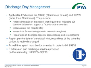 Prepared for Florida Council for Community Mental Health
May 17, 2017
Page 23
Discharge Day Management
▪ Applicable E/M codes are 99238 (30 minutes or less) and 99239
(more than 30 minutes). They include:
 Final examination of the patient (not required for Medicare but
documentation must support a face-to-face encounter)
 Discussion of the hospital stay
 Instructions for continuing care to relevant caregivers
 Preparation of discharge records, prescriptions, and referral forms
 Report per the date of the actual visit, regardless of the date the
patient is really discharged
 Actual time spent must be documented in order to bill 99239
 If admission and discharge services provided
on the same day, bill 99234-99236
 