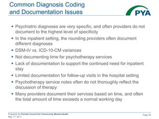 Prepared for Florida Council for Community Mental Health
May 17, 2017
Page 34
Common Diagnosis Coding
and Documentation Issues
 Psychiatric diagnoses are very specific, and often providers do not
document to the highest level of specificity
 In the inpatient setting, the rounding providers often document
different diagnoses
 DSM-IV vs. ICD-10-CM variances
 Not documenting time for psychotherapy services
 Lack of documentation to support the continued need for inpatient
stay
 Limited documentation for follow-up visits in the hospital setting
 Psychotherapy service notes often do not thoroughly reflect the
discussion of therapy
 Many providers document their services based on time, and often
the total amount of time exceeds a normal working day
 