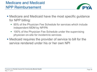 Prepared for Florida Council for Community Mental Health
May 17, 2017
Page 39
Medicare and Medicaid
NPP Reimbursement
 Medicare and Medicaid have the most specific guidance
for NPP billing:
 85% of the Physician Fee Schedule for services which include
independent MDM by NP/PA
 100% of the Physician Fee Schedule under the supervising
physician on-site for incident-to services
 Medicaid requires the provider of service to bill for the
service rendered under his or her own NPI
 