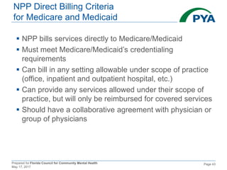 Prepared for Florida Council for Community Mental Health
May 17, 2017
Page 43
NPP Direct Billing Criteria
for Medicare and Medicaid
 NPP bills services directly to Medicare/Medicaid
 Must meet Medicare/Medicaid’s credentialing
requirements
 Can bill in any setting allowable under scope of practice
(office, inpatient and outpatient hospital, etc.)
 Can provide any services allowed under their scope of
practice, but will only be reimbursed for covered services
 Should have a collaborative agreement with physician or
group of physicians
 