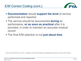 Prepared for Florida Council for Community Mental Health
May 17, 2017
Page 5
E/M Correct Coding (cont.)
 Documentation should support the level of service
performed and reported
 The service should be documented during its
performance, or as soon as practical after it is
provided, in order to maintain an accurate medical
record
 The final E/M selection is not just about time
Source: Pub 100-04, Ch 12, 30.6.1 - Selection of Level of Evaluation and Management Service (A. Use of CPT Codes)
 