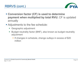 Prepared for Florida Council for Community Mental Health
May 17, 2017
Page 67
RBRVS (cont.)
 Conversion factor (CF) is used to determine
payment when multiplied by total RVU; CF is updated
annually
 Adjustments to the fee schedule:
 Geographic adjustment
 Budget neutrality factor (BNF), also known as budget neutrality
adjustment
 If changes in schedule, change outlays in excess of $20
million
 