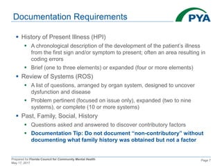 Prepared for Florida Council for Community Mental Health
May 17, 2017
Page 7
Documentation Requirements
 History of Present Illness (HPI)
 A chronological description of the development of the patient’s illness
from the first sign and/or symptom to present; often an area resulting in
coding errors
 Brief (one to three elements) or expanded (four or more elements)
 Review of Systems (ROS)
 A list of questions, arranged by organ system, designed to uncover
dysfunction and disease
 Problem pertinent (focused on issue only), expanded (two to nine
systems), or complete (10 or more systems)
 Past, Family, Social, History
 Questions asked and answered to discover contributory factors
 Documentation Tip: Do not document “non-contributory” without
documenting what family history was obtained but not a factor
 
