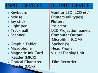  Keyboard Monitor(LED ,LCD etc)
 Mouse Printers (all types)
 Joy stick Plotters
 Light pen Projector
 Track ball LCD Projection panels
 Scanner Computer Output
Microfilm (COM)
 Graphic Tablet Speker (s)
 Microphone Head Phone
 Magnetic Ink Card Visual Display Unit
Reader (MICR)
 Optical Character Film Recorder
Reader (OCR)
 