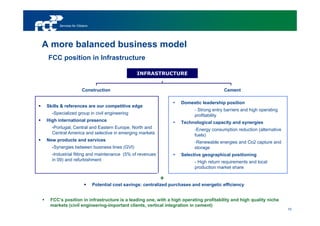 Services for Citizens




A more balanced business model
 FCC position in Infrastructure

                                                 INFRASTRUCTURE


                     Construction                                                         Cement

                                                                     Domestic leadership position
Skills & references are our competitive edge
                                                                            - Strong entry barriers and high operating
  -Specialized group in civil engineering                                   profitability
High international presence                                          Technological capacity and synergies
  -Portugal, Central and Eastern Europe, North and                          -Energy consumption reduction (alternative
  Central America and selective in emerging markets                         fuels)
New products and services                                                   -Renewable energies and Co2 capture and
  -Synergies between business lines (GVI)                                   storage
  -Industrial fitting and maintenance (5% of revenues                Selective geographical positioning
  in 09) and refurbishment                                                  - High return requirements and local
                                                                            production market share

                                                            +
                             Potential cost savings: centralized purchases and energetic efficiency


 FCC’s position in infrastructure is a leading one, with a high operating profitability and high quality niche
 markets (civil engineering-important clients, vertical integration in cement)
                                                                                                                         10
 
