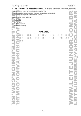 www.leitejunior.com.br Leite Júnior
18. (FCC – TRE-PE – TÉC. JUDICIÁRIO - 2004) - No MS Word, trabalhando com tabelas, é possível:
I. tabular o texto numa célula somente com a tecla Tab
II. realizar cálculos totalizando, por exemplo, uma coluna de números
III. converter os valores da tabela em um gráfico
Das afirmativas acima, APENAS
A) I é correta.
B) II é correta.
C) III é correta.
D) I e II são corretas.
E) II e III são corretas
GABARITO
01 - D 02 – C 03 - E 04 – C 05 – A 06 – A 07 – A 08 - C
09 - B 10 – C 11 - C 12 – E 13 – C 14 – C 15 – D 16 - E
17 - A 18 – B
4
 