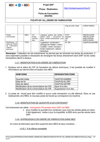 Projet SAP
Phase : Réalisation
Fiche de Conception
détaillée
http://mickael.quesnot.free.fr/
FCD-PP-OF-19v_ORDRE DE FABRICATION
D:FormationPPPRODUCTION ORDER_ORDRE DE FABRICATIONFCD-PP-OF-19v_ORDRE DE FABRICATION.docx Page 47
sur 51
Flag de confir. finale CORUF-ENDRU
Entrée
marchandise
MB31 101
Entrée
marchan
dise
Logistique gestion des articles /
gestion stock / mouvement de
stock / entrée marchandise / pour
ordre
N°OF
Magasin
Qte
lot
RM07M-AUFNR
RM07M-LGORT
MSEG-ERFMG
MSEG-CHARG
Modification du
statut de l'Ordre
de Fabrication
"clôture
technique"
CO02 Logistique / production /
pilotage de l’atelier / ordre /
modifier / ordre / fonction /
limiter traitement / clôture
technique
N° OF CAUFVD-AUFNR
Remarque : l’utilisation de ces événements ne permet pas de remonter les temps de production. il
sera cependant possible si nécessaire de renseigner les temps directement dans SAP via les codes
transactions décrit ci-dessus.
1.4.7. MODIFICATION D’UN ORDRE DE FABRICATION
1. Quelque soit le statut de l’OF (à l’exception de clôture technique), il est possible de modifier 4
informations qui devront être envoyées vers MES.
NOM ZONE DESIGNATION ZONE
Quantité totale CAUFVD-GAMNG
Date de fin CAUFVD-GLTRP
Date de début CAUFVD-GSTRP
Modification de la nomenclature de l’OF Ajout d’un lien
Modification de la nomenclature de l’OF Suppression d’un lien
2. Le poste de travail peut être modifié si aucun code transaction n’a été effectué. Dans ce cas
redescendre vers MES, le nouveau poste de travail qui correspond à la machine.
1.4.8. MODIFICATION DE QUANTITE D’UN CONTENANT
Cet événement est utilisé : (transaction d'inventaire dans SAP voir MM)
• pour modifier la quantité d'un contenant, pour tous les articles gérés en stock.
il doit également mettre à jour la traçabilité, la BD0 ainsi que les stocks dans
SAP.
1.4.9. SUPRESSION D’UN ORDRE DE FABRICATION DANS MES
Un ordre de fabrication peut être supprimé dans MES de deux manières :
1.4.9.1. A la clôture comptable
 