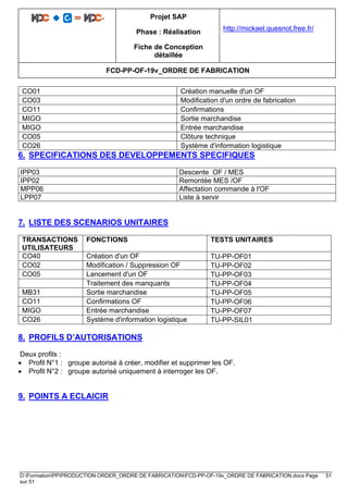 Projet SAP
Phase : Réalisation
Fiche de Conception
détaillée
http://mickael.quesnot.free.fr/
FCD-PP-OF-19v_ORDRE DE FABRICATION
D:FormationPPPRODUCTION ORDER_ORDRE DE FABRICATIONFCD-PP-OF-19v_ORDRE DE FABRICATION.docx Page 51
sur 51
CO01 Création manuelle d'un OF
CO03 Modification d'un ordre de fabrication
CO11 Confirmations
MIGO Sortie marchandise
MIGO Entrée marchandise
CO05 Clôture technique
CO26 Système d'information logistique
6. SPECIFICATIONS DES DEVELOPPEMENTS SPECIFIQUES
IPP03 Descente OF / MES
IPP02 Remontée MES /OF
MPP06 Affectation commande à l'OF
LPP07 Liste à servir
7. LISTE DES SCENARIOS UNITAIRES
TRANSACTIONS
UTILISATEURS
FONCTIONS TESTS UNITAIRES
CO40 Création d'un OF TU-PP-OF01
CO02 Modification / Suppression OF TU-PP-OF02
CO05 Lancement d'un OF TU-PP-OF03
Traitement des manquants TU-PP-OF04
MB31 Sortie marchandise TU-PP-OF05
CO11 Confirmations OF TU-PP-OF06
MIGO Entrée marchandise TU-PP-OF07
CO26 Système d'information logistique TU-PP-SIL01
8. PROFILS D’AUTORISATIONS
Deux profils :
• Profil N°1 : groupe autorisé à créer, modifier et supprimer les OF.
• Profil N°2 : groupe autorisé uniquement à interroger les OF.
9. POINTS A ECLAICIR
 