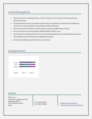 Awards& Recognitions
 Third prize in poster making by SPEon “World’s Aids Day” at University of Petroleum &Energy
Studies, Dehradun.
 Participated and secured 2nd position in Crap On Board organized by Association ofCivil Engineers,
ACE forum at University Of Petroleum &Energy Studies, Dehradun
 Received award for best SAP user in East region, at SuperGas (SHV Energy Pvt Ltd).
 Received order ofmerit in the ADO@C SUSTAINABILITY QUIZ, 2014.
 Received Letters ofAppreciation from various reputed organization on providing training sessions on
Safe Handling of LPG and Emergency Handling Procedures.
 Participated in Dainik Jagran Marathon 2010 [10 kms].
LanguagesKnown
Contact
H.No. 219,
Civil Lines 3, Shahpura kothi,
Lakhimpur Kheri,
Uttar Pradesh-262701
India
+91-8100-349133
+91-7890-005303
aardee.rulez@gmail.com
ripudamansrivastava@gmail.com
English
Hindi
Bengali
Speak Read Write
 
