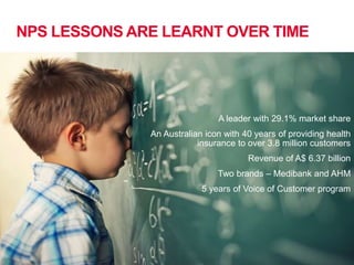 NPS LESSONS ARE LEARNT OVER TIME
A leader with 29.1% market share
An Australian icon with 40 years of providing health
insurance to over 3.8 million customers
Revenue of A$ 6.37 billion
Two brands – Medibank and AHM
5 years of Voice of Customer program
 