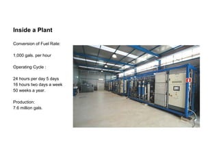 Inside a Plant
Conversion of Fuel Rate:
1,000 gals. per hour
Operating Cycle :
24 hours per day 5 days
16 hours two days a week
50 weeks a year.
Production:
7.6 million gals.
 