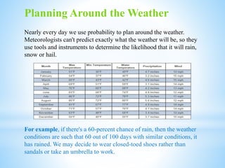 Planning Around the Weather
Nearly every day we use probability to plan around the weather.
Meteorologists can't predict exactly what the weather will be, so they
use tools and instruments to determine the likelihood that it will rain,
snow or hail.
For example, if there's a 60-percent chance of rain, then the weather
conditions are such that 60 out of 100 days with similar conditions, it
has rained. We may decide to wear closed-toed shoes rather than
sandals or take an umbrella to work.
 