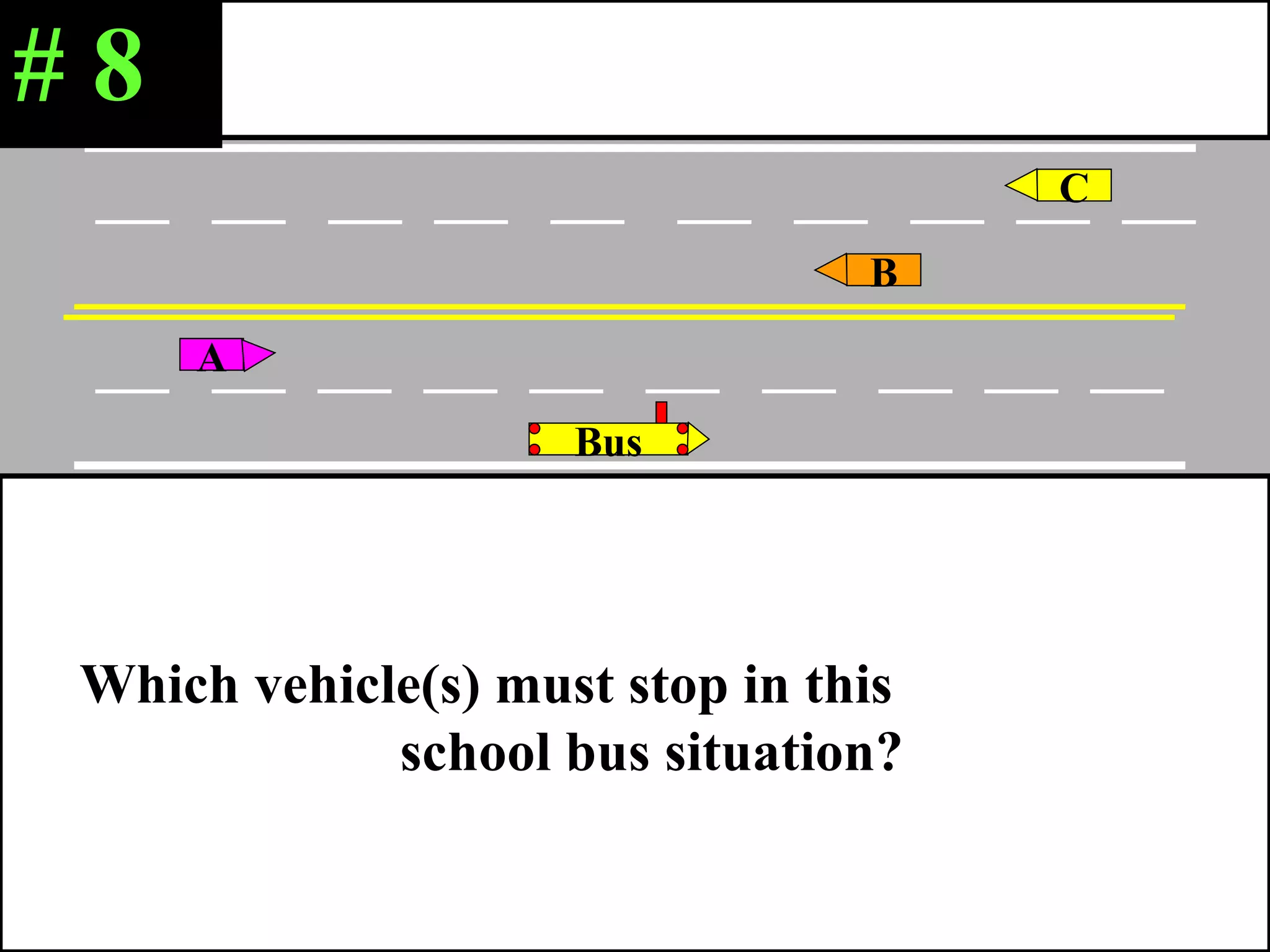 Which vehicle(s) must stop in this  school bus situation?  Bus A B C # 8 