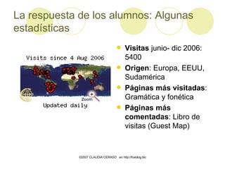 La respuesta de los alumnos: Algunas estadísticas <ul><li>Visitas  junio- dic 2006: 5400 </li></ul><ul><li>Origen : Europa...