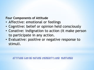 Four Components of Attitude
• Affective: emotional or feelings
• Cognitive: belief or opinion held consciously
• Conative: indignation to action (it make person
to participate in any action.
• Evaluative: positive or negative response to
stimuli.
 