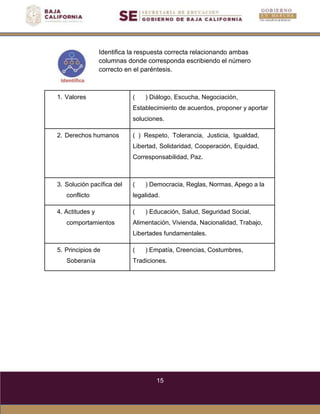 15
Identifica la respuesta correcta relacionando ambas
columnas donde corresponda escribiendo el número
correcto en el paréntesis.
1. Valores ( ) Diálogo, Escucha, Negociación,
Establecimiento de acuerdos, proponer y aportar
soluciones.
2. Derechos humanos ( ) Respeto, Tolerancia, Justicia, Igualdad,
Libertad, Solidaridad, Cooperación, Equidad,
Corresponsabilidad, Paz.
3. Solución pacífica del
conflicto
( ) Democracia, Reglas, Normas, Apego a la
legalidad.
4. Actitudes y
comportamientos
( ) Educación, Salud, Seguridad Social,
Alimentación, Vivienda, Nacionalidad, Trabajo,
Libertades fundamentales.
5. Principios de
Soberanía
( ) Empatía, Creencias, Costumbres,
Tradiciones.
 