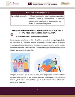 33
SITUACIÓN DE APRENDIZAJE 8
Aprendizaje esperado: • Valora la participación social y política responsable,
informada, critica y comprometida, y participa
colectivamente para influir en las decisiones que
afectan su entorno escolar y social.
PARTICIPACIÓN CIUDADANA EN LAS DIMENSIONES POLÍTICA, CIVIL Y
SOCIAL, Y SUS IMPLICACIONES EN LA PRÁCTICA.
Lee, observa y analiza la siguiente información.
La democracia como forma de vida y de gobierno se sustenta en la participación de
los ciudadanos en los asuntos públicos, el interés por lo que sucede en su entorno
y su disposición a trabajar con otros ciudadanos en causas comunes que les brindan
beneficios colectivos. Mario Edmundo Chávez Tortolero (2018) Formación Cívica y
Ética 1, Norma Aprender y convivir.
Imagina una persona que se queja de la actuación del gobierno, pero cuando tiene
la oportunidad de opinar en una consulta ciudadana o en las elecciones, decide no
hacerlo. ¿Qué sucede entonces? Este tipo de ciudadano en vez de fortalecer la
democracia, la debilita.
 
