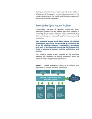 techniques, since no one paradigm is superior to the others in
all situations. In doing so, we can use respective strengths of the
chosen algorithms or the models and eliminate weakness of
some other individual components.
Solving the Optimization Problem
Unfortunately, because of relatively complicated tools,
intelligent systems have only limited application examples in
improving of real business processes today, even though they
have been already very successfully used for various engineering
applications.
Our proposed general application schema of artificial
intelligence algorithms and methods is an attempt to
bring the intelligent systems’ methodology, techniques
and tools to the business community. Solving practical
tasks of business processes’ analysis, optimization and
control.
The following general schema includes all the innovative
methods and algorithms of artificial intelligence, which are
necessary for business processes optimization.
Figure 1. General application schema of AI methods and
algorithms for business processes optimization
 
