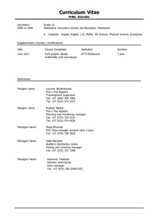 Curriculum Vitae
Phillip Rabodiba
Secondary
2005 to 2008
Grade 12
Mathukana Secondary School, Ga-Mamabolo, Polokwane
 Subjects: Sepedi, English, L.O, Maths, life Science, Physical Science, Economics
Supplementary Courses / Certifications
Date Course Completed Institution Duration
June 2011 Cert-graphic design,
multimedia and wed design
ATTI Polokwane 1 year
References
Mangers name
Mangers name
Managers Name
Lourens Bardenhourst
Pick n Pay logistics
Transhipment Supervisor
Cel: +27 (060) 928 7968
Tel: +27 (011) 574 3372
Rodney Naidoo
Pick n Pay logistics
Planning and monitoring manager
Cel: +27 (073) 529 2331
Tel: +27 (011) 574 4528
Musa Khumalo
RSC Sheq manager account (pick n pay]
Cel: +27 (076) 558 3922
Managers Name Sello Machete
Builder’s distribution centre
Picking and receiving manager
Cel: +27 (076) 317 1499
Managers Name Raymond Taaibosh
Dischem pharmacies
Store manager
Tel: +27 (015) 265 0300/1037
 