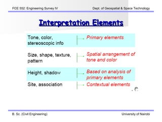 FCE 552: Engineering Survey IV   Dept. of Geospatial & Space Technology



                   Interpretation Elements




B. Sc. (Civil Engineering)                          University of Nairobi
 
