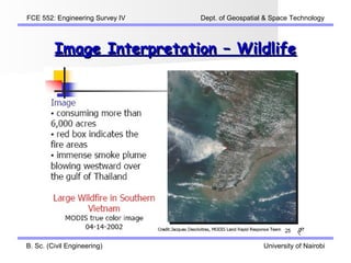 FCE 552: Engineering Survey IV   Dept. of Geospatial & Space Technology



         Image Interpretation – Wildlife




B. Sc. (Civil Engineering)                          University of Nairobi
 