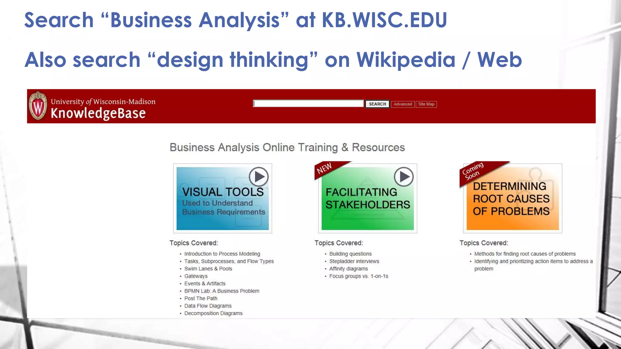 Search “Business Analysis” at KB.WISC.EDU
Also search “design thinking” on Wikipedia / Web
 
