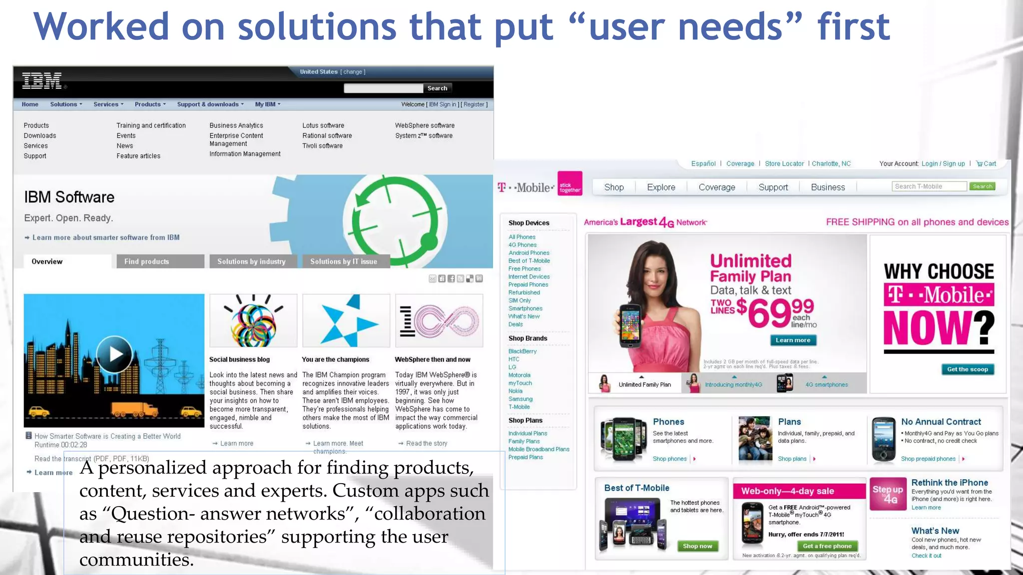 Worked on solutions that put “user needs” first
A personalized approach for finding products,
content, services and experts. Custom apps such
as “Question- answer networks”, “collaboration
and reuse repositories” supporting the user
communities.
 