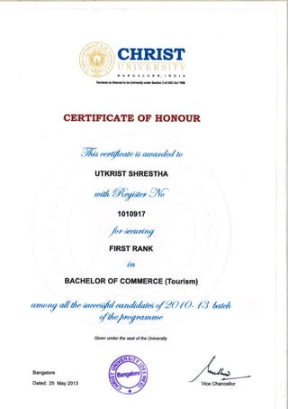 Certificate of Honour - B.com