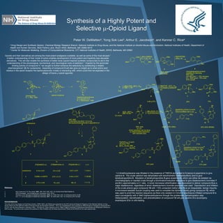 Synthesis of a Highly Potent and
Selective m-Opioid Ligand
Peter W. DeMatteoa, Yong Sok Leeb, Arthur E. Jacobsona, and Kenner C. Ricea
a Drug Design and Synthesis Section, Chemical Biology Research Branch, National Institute on Drug Abuse, and the National Institute on Alcohol Abuse and Alcoholism, National Institutes of Health, Department of
Health and Human Services, 5625 Fishers Lane, Room 4N03, Bethesda, MD 20892-9415
b Center for Molecular Modeling, Division of Computational Bioscience, CIT, National Institutes of Health, DHHS, Bethesda, MD 20892
Opioids and their derivatives are among the most potent analgesics available, as well as some of the most abused.1
A better understanding of their mode of action enables development of more potent and hopefully less abusable
derivatives. This will also enable the synthesis of better tools (opioid-inspired synthetic compounds) to aid in the
understanding of the physiological, biochemical, and neurological roots of addiction.2 Inspired by the picomolar
binding activity of compound 1,3 we sought to further enhance the selectivity by substituting a related
pharmacophore4 (2) for cyclazocine. Assembly of compound 3 will also give us insight as to what amino acid
residue in the opioid receptor the biphenylphenolic moiety is interacting with, which could then be exploited in the
design of future m-opioid agonists.
1,4 dimethoxybezene was lithiated in the presence of TMEDA and added to N-benzyl-4-piperidone to give
carbinol 4. The crude carbinol was dehydrated with stoichiometric methanesulfonic acid to give
tetrahydropyridine 5. Alkylation of tetrahydropyridine 5 gave eneamine 6, which can either be isolated via
chromatography or reacted crude through a bromination/reduction sequence to give diastereomeric bromides 7
and 8 in approximately a 2:1 ratio. A novel microwave etherification was discovered to deliver compound 9 as a
major diastereomer, regardless of which diastereomeric bromide precursor was used. Deprotection and triflation
of the crude phenol gave compound 10 with ~15% unreacted methyl ether 9 as an inseparable, benign impurity.
A microwave-assisted Suzuki coupling was used to complete the biphenyl moiety giving compound 12, which
was used to proof the reaction sequence as there only existed 0.2 mmol of enantiopure triflated compound 2 to
react convergently with 4’-MeO-biphenylethylamine through the problematic carbamoylation step.
Debenzylation, demethylation, and phenethylation of compound 12 will give racemic 3 to accompany
enantiopure 3 for in vitro testing.
References:
1. Nutt, David et al. 24 The Lancet 2007, 369, 1047-1053. DOI: 10.1016/S0140-6736(07)60464-4)
2. NIDA homepage. www.drugabuse.gov (accessed July 6, 2012).
3. Wentland, et al. Bioorganic & Medicinal Chemistry, 2012, 22, 7340-7344. DOI: 10.1016/j.bmcl.2012.10.081
4. Kim, J. H. et al. Bioorganic & Medicinal Chemistry, 2011, 19, 3434-3443. DOI: 10.1016/j.bmc.2011.04.028.
Acknowledgements
The work of the Drug Design and Synthesis Section, CBRB, NIDA, and NIAAA was supported by the NIH Intramural Research Programs of the National Institute on Drug
Abuse (NIDA) and the National Institute of Alcohol Abuse and Alcoholism (NIAAA). The X-ray crystallography was supported by NIDA through an Interagency Agreement #Y1-
DA1101 with the Naval Research Laboratory (NRL). We thank Dr. Klaus Gawrisch and Dr. Walter Teague (Laboratory of Membrane Biochemistry and Biophysics, NIAAA) for
NMR access. The authors also express their gratitude to Noel Whittaker and the Mass Spectrometry Facility at the NIDDK for the mass spectral data.
OMe
MeO NBnO
OMe
MeO
NBn
HO
OMe
MeO
NBn
1. sBuLi/TMEDA
0°C --> RT, 1h
2.
MsOH/PhMe
reﬂux, 4h
~90% (GC)
50 g scale
chromatographed product
solidiﬁes on standing
54% yield
HCl salt crop 1 - 15% recovery
M.L. NMR good - 76% yield
91% overall
1. sBuLi/THF, -50°C, 1h
2. EtBr --> RT
OMe
MeO
NBn
5.5g
3.46 g 57%
1. NBA/THF, -78°C, 1h
2. HCl/NaBH3CN/MeOH
RT
OMe
MeO
NBn
Br
20%
+
OMe
MeO
NBn
Br
13%
4 5
6 7 8
5
DCE, 150°C
MW 15 min
Bn
N
O
MeO
69% yield
9:1 d.r.
chiral resolution can be done
on debenzylated piperidine
with mandelic acid.
7
0.5 mmol
9
1. BBr3/DCM, 0°C, 1h
2. Tf2O/TEA/CHCl3
Bn
N
O
TfO
quant. (15% OMe)
(dppf)PdCl2•DCM 10 mol%
TEA/CO/DMSO 85°C o/n
NH2
Br 2 eq.
Bn
N
O
HN
O
30% (50% BRSM)
10
Br
11
11
Pd(P(Ph)3)4 5 mol%
2N KOH, THF
85°C, 15 min, MW
MeO
B(OH)2
O
H
N
O
O
NBn
40% yield
12
N
O
TfO
2-OTf
O
H
N
O
O
N
3'
(dppf)PdCl2•DCM 10 mol%
TEA/CO/DMSO 76°C 16h
O
NH2
2 eq.
41% yield
HO
H
N
O
O
NN
H
N
O
HO
N
HO
cyclazocine
1
HO
O
N
4aS ,9aR
2-phenethyl-4a-ethyl-1,2,3,4,4a,
9a-hexahydrobenzofuro[2,3-c]pyridin-6-ol
2
3
Ki
[3H]DAMGO (m) [3H]Naltrindole (d) [3H]U69,593 (k)
cyclazocine
1
0.16 ± 0.01 2.0 ± 0.22 0.07 ± 0.01
0.0056 ± 0.00073 0.81 ± 0.12 0.49 ± 0.011
m:d:k
1:13:0.4
1:145:88
0.70 ± 0.062 75 ± 8.8 88 ± 8 1:11:13
O
HO
N
HO
natural morphine
A
B
C
D
E
R1
R2
HO
N R3
H
N
R4
O
R5phenazocine
E. L. May, 1955 hexahydrobenzofurano
[2,3-c]pyridin-6-ol
A. J. Hutchinson, 1989
HO
A
B
D
A
E
D'
 