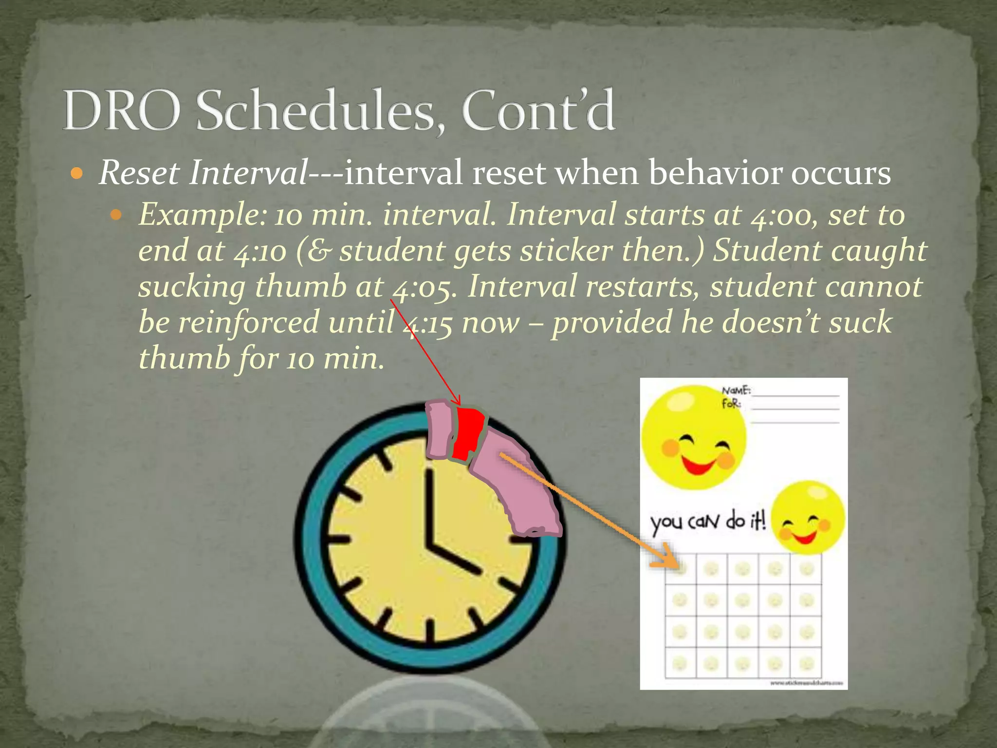  Reset Interval---interval reset when behavior occurs
 Example: 10 min. interval. Interval starts at 4:00, set to
end at 4:10 (& student gets sticker then.) Student caught
sucking thumb at 4:05. Interval restarts, student cannot
be reinforced until 4:15 now – provided he doesn’t suck
thumb for 10 min.
 