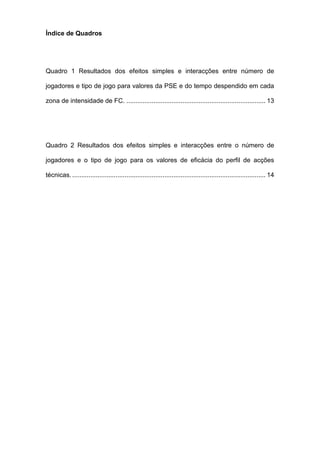 Índice de Quadros
Quadro 1 Resultados dos efeitos simples e interacções entre número de
jogadores e tipo de jogo para valores da PSE e do tempo despendido em cada
zona de intensidade de FC. ............................................................................. 13
Quadro 2 Resultados dos efeitos simples e interacções entre o número de
jogadores e o tipo de jogo para os valores de eficácia do perfil de acções
técnicas. ........................................................................................................... 14
 