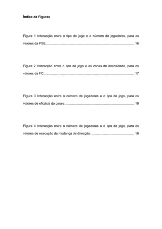 Índice de Figuras
Figura 1 Interacção entre o tipo de jogo e o número de jogadores, para os
valores da PSE................................................................................................. 16
Figura 2 Interacção entre o tipo de jogo e as zonas de intensidade, para os
valores da FC................................................................................................... 17
Figura 3 Interacção entre o número de jogadores e o tipo de jogo, para os
valores de eficácia do passe. ........................................................................... 18
Figura 4 Interacção entre o número de jogadores e o tipo de jogo, para os
valores de execução da mudança de direcção. ............................................... 19
 