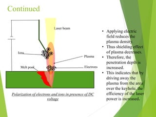 Continued
Melt pool
Plasma
Laser beam
Electrons
Ions
Polarization of electrons and ions in presence of DC
voltage
• Applying electric
field reduces the
plasma density.
• Thus shielding effect
of plasma decreases.
• Therefore, the
penetration depth is
increased.
• This indicates that by
driving away the
plasma from the area
over the keyhole, the
efficiency of the laser
power is increased.
 